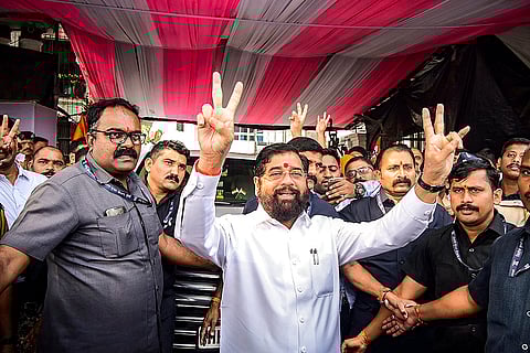Maha Assembly polls: Eknath Shinde with supporters flashes victory signs