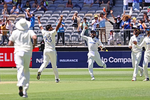 IND Vs AUS 1st Test, Day 2: India's captain Jasprit Bumrah, second left, celebrates the wicket of Australia's Alex Carey