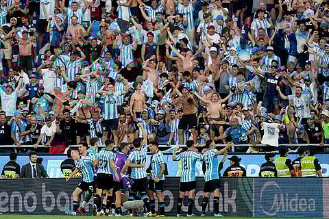 Copa Sudamericana 2024 Final: Players of Argentina's Racing Club celebrates after Roger Martinez scored his side's third goal against Brazil's Cruzeiro