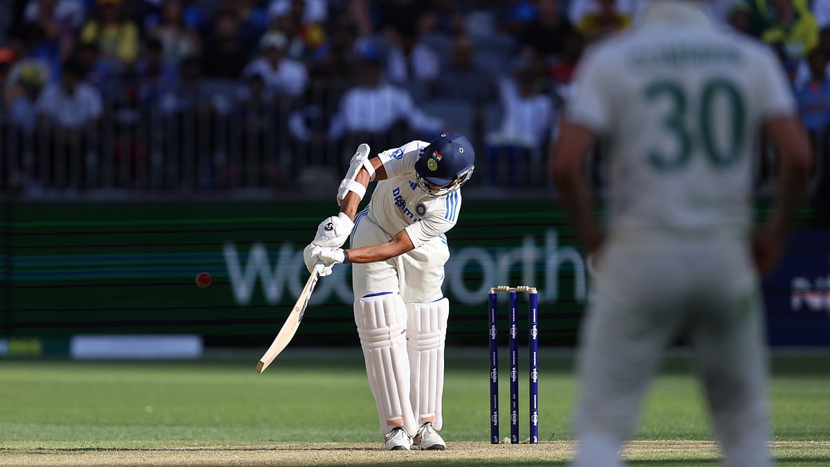 Indias Yashasvi Jaiswal plays a shot on the second day of the 1st Test. AP Photo