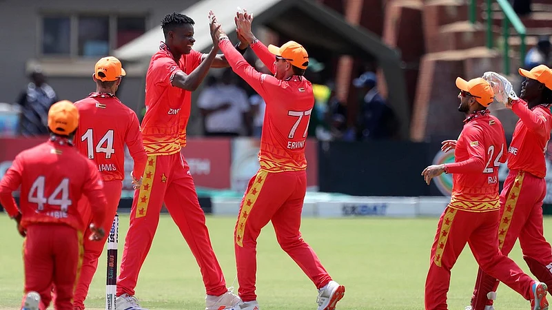 Zimbabwe celebrate a Pakistan wicket during the first ODI