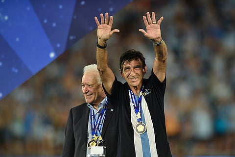 Copa Sudamericana 2024 Final: Coach Gustavo Costas of Argentina's Racing Club celebrates with the medal