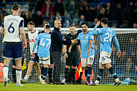 Man City Vs Spurs: Guardiola Suffers Fifth Straight Loss | Photo: AP/Dave Thompson : EPL 2024-25: Manchester City's head coach Pep Guardiola speaks with his players at the end of the match