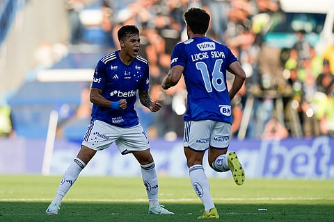 Copa Sudamericana 2024 Final: Kaio Jorge, left, of Brazil's Cruzeiro celebrates scoring his side's first goal