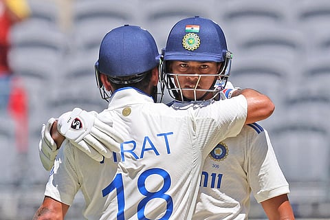 IND Vs AUS 1st Test, Day 3: India's Yashasvi Jaiswal is congratulated by Virat Kohli for completing his 150 runs