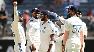 India celebrate a wicket against Australia