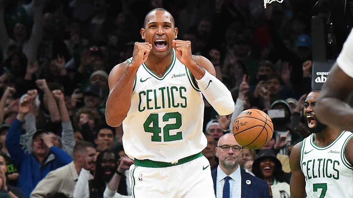 Boston Celtics center Al Horford celebrates following a win over the Minnesota Timberwolves on Nov. 24, 2024. - null