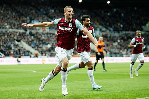 EPL 2024-25: West Ham United's Tomas Soucek, front, celebrates after scoring the opening goal 