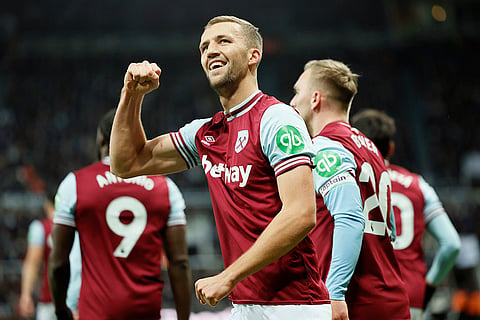 EPL 2024-25: West Ham United's Tomas Soucek, front, celebrates after scoring the opening goal