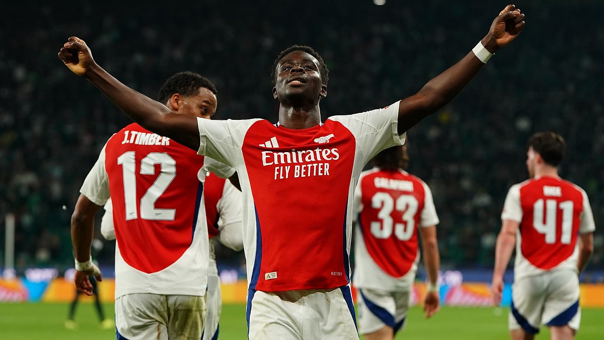 Bukayo Saka converted from the spot in the 6th minute for Arsenal's fourth goal. Gabriel Martinelli, Kai Havertz, Gabriel Magalhaes and Leandro Trossard were the other scorers. - null