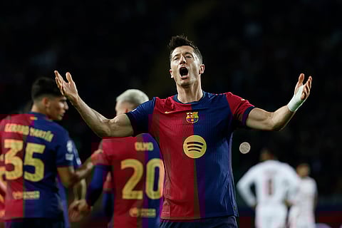 UEFA Champions League: Barcelona's Robert Lewandowski celebrates after scoring his team's first goal