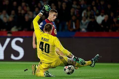 UEFA Champions League: Barcelona's Fermin Lopez tries to score a goal to Brest's goalkeeper Marco Bizot