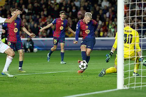 UEFA Champions League: Barcelona's Dani Olmo scores his side's second goal
