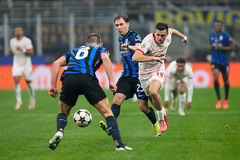 UEFA Champions League: Leipzig's Christoph Baumgartner, right, challenges for the ball Inter Milan's Nicolo Barella