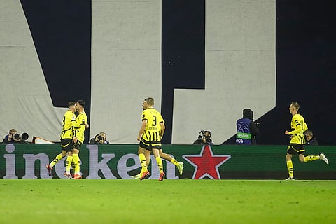 Champions League 2024-25: Dortmund players celebrate after Ramy Bensebaini scored his side's second goal