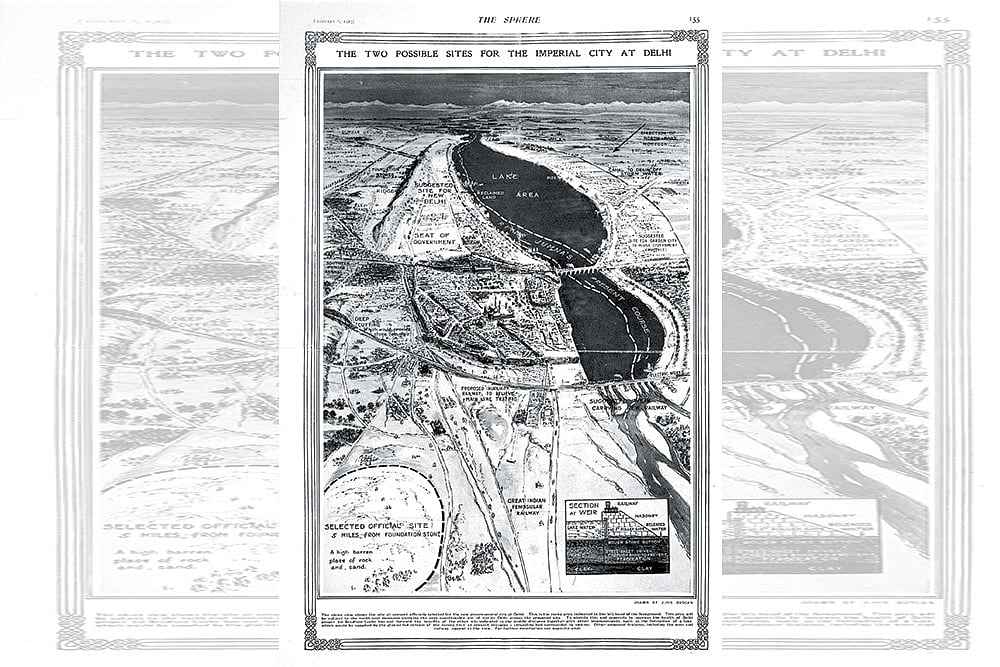 | Image courtesy: Roli Books : Blueprints for a New City: A map published in the Sphere on February 8, 1913, showing the two locations under discussion for the building of the new capital. These images have been taken from New Delhi Making of a Capital by Malvika Singh, Rudrangshu Mukherjee and Pramod Kapoor.