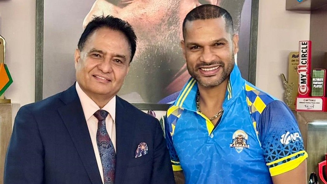 Former India cricketer Shikhar Dhawan with Karnali Yaks officials of the NPL 2024. - Photo: X | Karnal Yaks