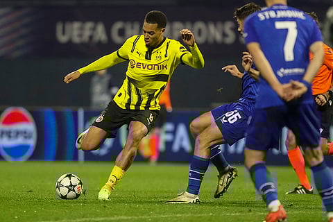 Champions League 2024-25: Dortmund's Felix Nmecha, left, is in action