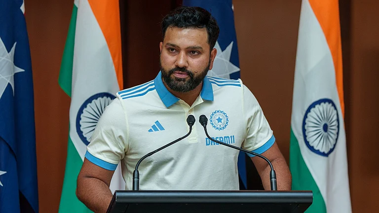 Team India skipper Rohit Sharma delivering a speech at the Australian Parliament. - X/mufaddal_vohra