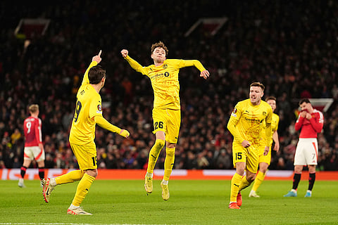 UEFA Europa League: Bodo Glimt's Hakon Evjen, center, celebrates scoring