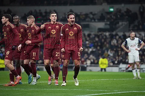 UEFA Europa League: Roma's Mats Hummels, right, celebrates with his teammates after scoring his side's 2nd goal