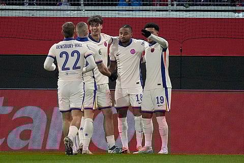 Europa Conference League: Chelsea's Christopher Nkunku, second from right, celebrates after scoring his side's first goal