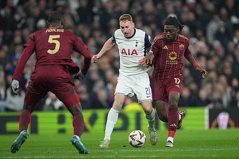 UEFA Europa League: Roma's Manu Kone, right, and Tottenham's Dejan Kulusevski vie for the ball