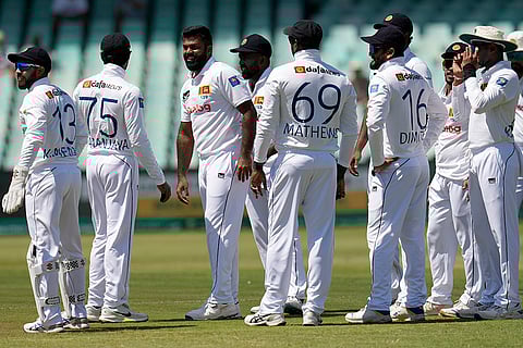 RSA Vs SL, 1st Test: Sri Lanka's Lahiru Kumara, centre, celebrates with his teammate after dismissing South Africa's Kyle Verreynne