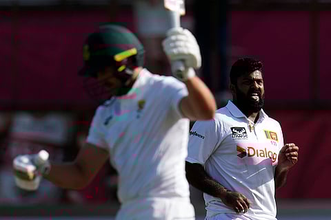 RSA Vs SL, 1st Test: Sri Lanka's Lahiru Kumara, right, reacts after his delivery against South Africa's Wiaan Mulder