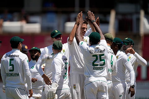 RSA Vs SL, 1st Test: South Africa's Marco Jansen, left, celebrates with teammates after Sri Lanka's Pathum Nissanka's out