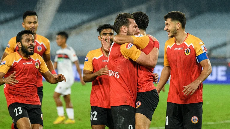 Dimitrios Diamantakos (c) celebrates the goal with his teammates. - ISL