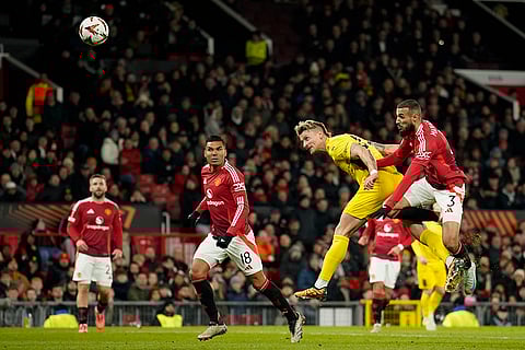 UEFA Europa League: Glimt's Kasper Hogh, second right, heads the ball