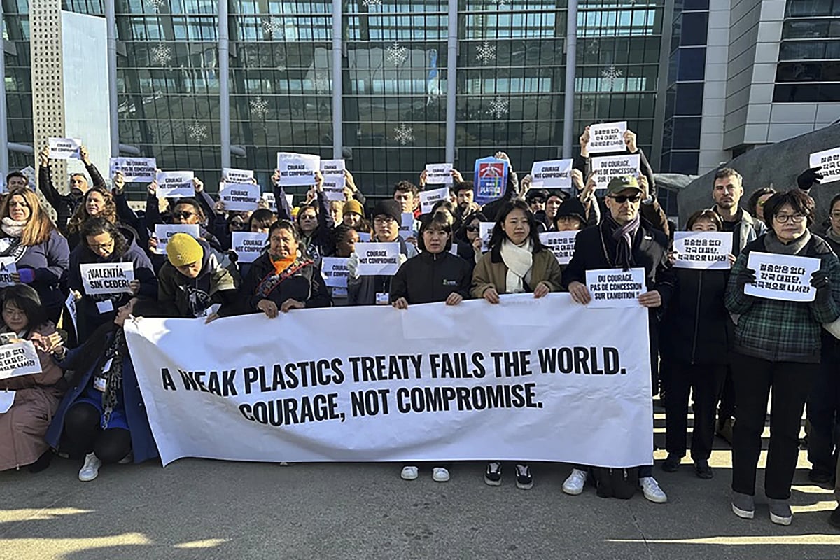 AP : Environment activists at a press conference in Busan