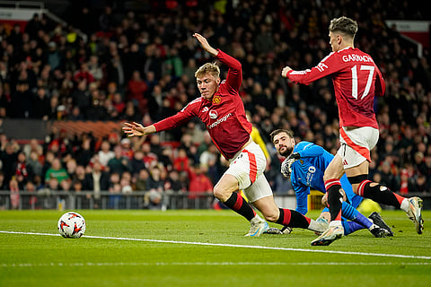 UEFA Europa League: Manchester United's Alejandro Garnacho, right, scores his side's opening goal