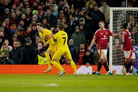UEFA Europa League: Glimt's Hakon Evjen, left, celebrates with Glimt's Patrick Berg after scoring his side's opening goal