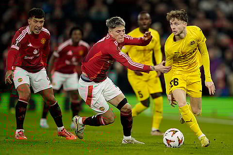UEFA Europa League: Glimt's Hakon Evjen, right, duels for the ball with Manchester United's Alejandro Garnacho
