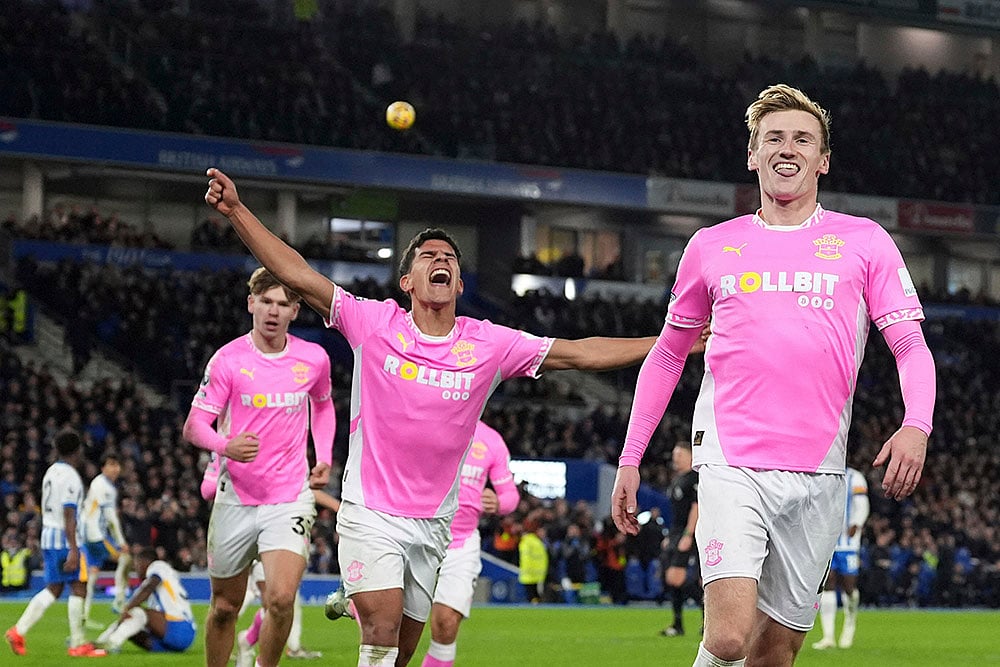 | Photo: Gareth Fuller/PA via AP : English Premier League: Southampton's Flynn Downes, right, celebrates scoring 