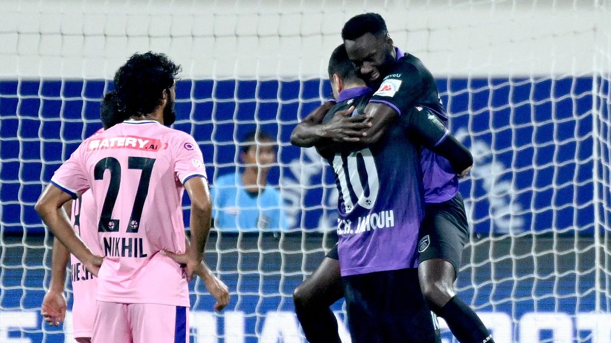 ISL/FSDL : Mourtada Fall celebrates Odisha FC's second goal with teammate Ahmed Jahouh during their ISL match against Bengaluru FC in Bhubaneswar.