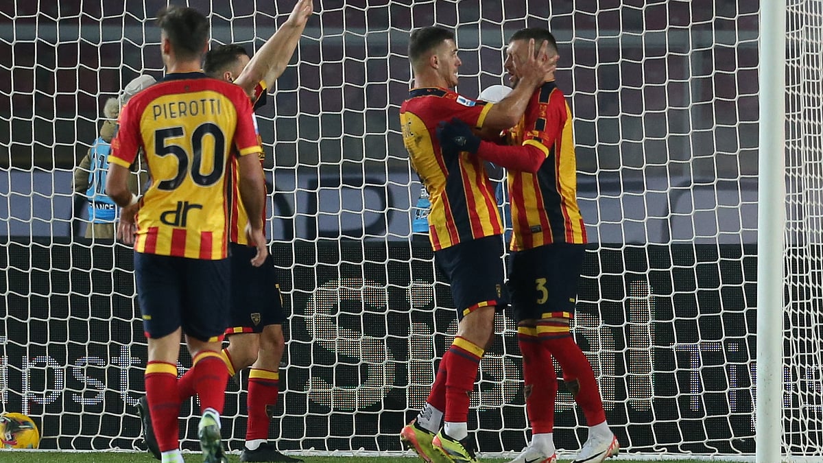 Ante Rebic and his Lecce team-mates celebrate their late equaliser on Sunday