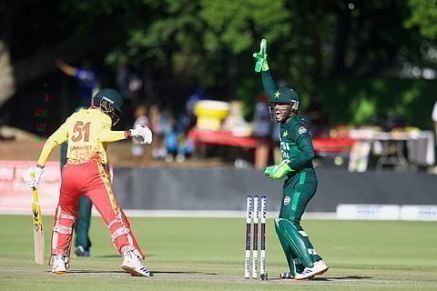 ZIM vs PAK 1st T20 Cricket: Pakistan's Sufiyan Mugeem appeals for the wicket of Zimbabwe's Trevor Gwandu