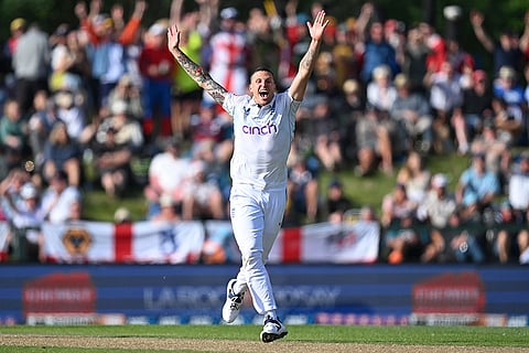 NZ vs ENG 1st Test: England's Brydon Carse celebrates after taking the wicket of New Zealand's Glenn Phillips