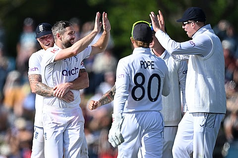 NZ vs ENG 1st Test: England bowler Chris Woakes celebrates with teammates after taking the wicket of New Zealand's Kane Williamson