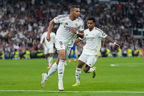 La liga 2024-25: Real Madrid's Kylian Mbappe, left, celebrates after scoring his side's second goal