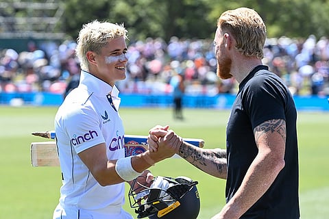 NZ vs ENG 1st Test: England's Jacob Bethell, left, is congratulated by his captain Ben Stokes