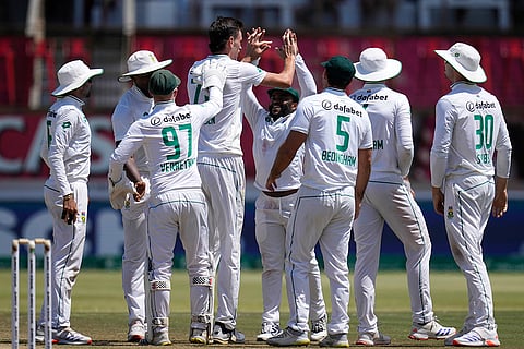 RSA Vs SL, 1st Test Day 4: South Africa's Marco Jansen celebrates with teammates after dismissing Sri Lanka's Vishwa Fernando