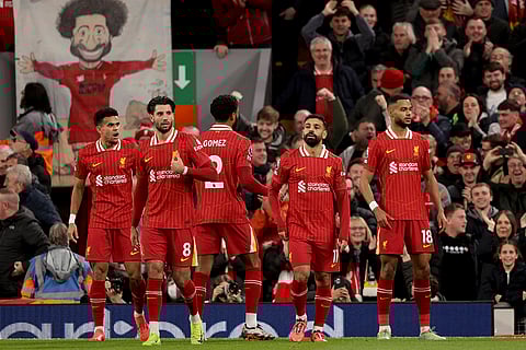 English Premier League 2024-25: Liverpool players celebrate after Liverpool's Cody Gakpo scored the opening goal