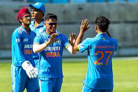 Asia Cup U-19 IND vs PAK: India's Samarth Nagaraj, right, celebrates the wicket of Pakistan's Shahzaib Khan