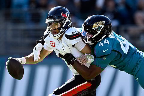 Texans vs Jaguars NFL Football: Texans quarterback C.J. Stroud (7) is sacked by Jaguars defensive end Travon Walker
