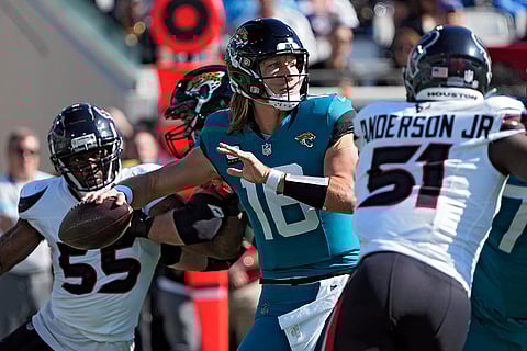 Texans vs Jaguars NFL Football: Jaguars quarterback Trevor Lawrence (16) throws a pass