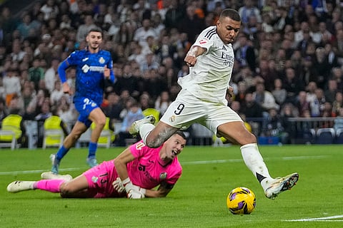 La liga 2024-25: Real Madrid's Kylian Mbappe kicks the ball in an attempt to score